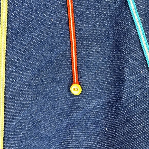 Vintage 70s Three Squares Fringe Button Rainbow Lined Denim Jean Poncho - Picture 3 of 8